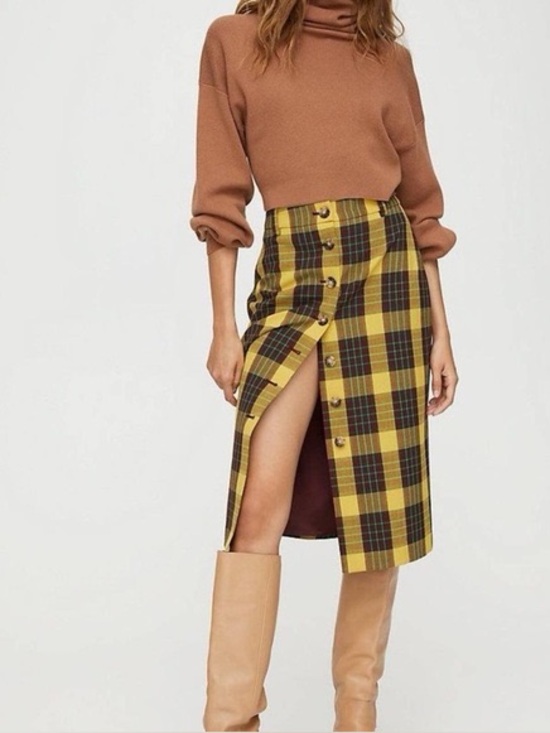 Aritzia Dresses & Skirts - Aritzia Yellow and Burgundy Plaid Button-Front Pencil Skirt